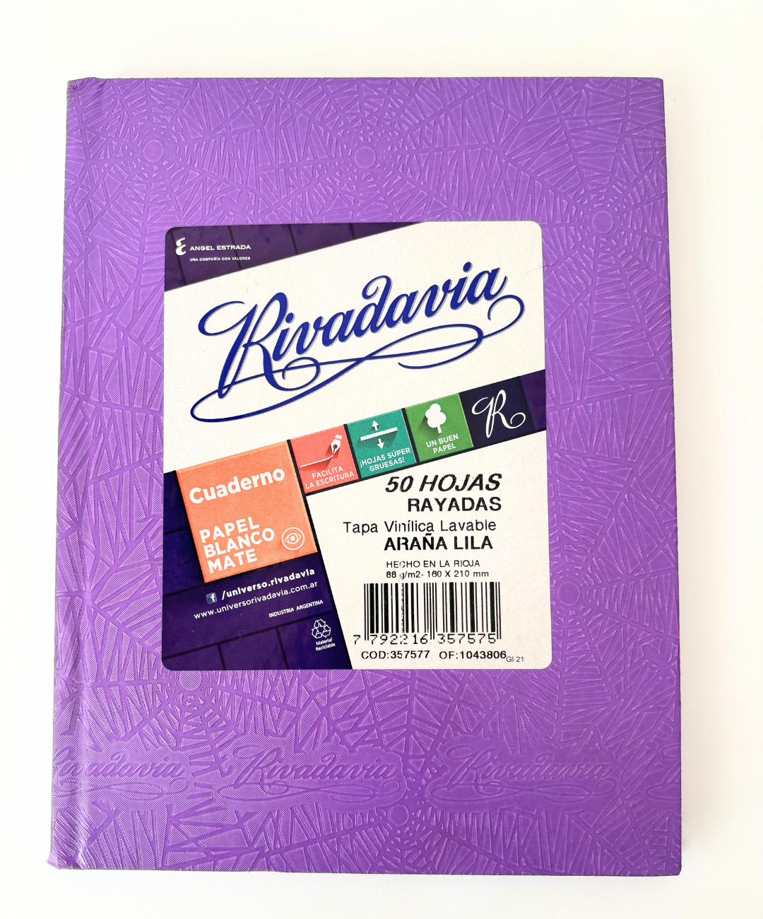 Cuaderno Rivadavia tapa dura lila arana 50 hojas rayadas