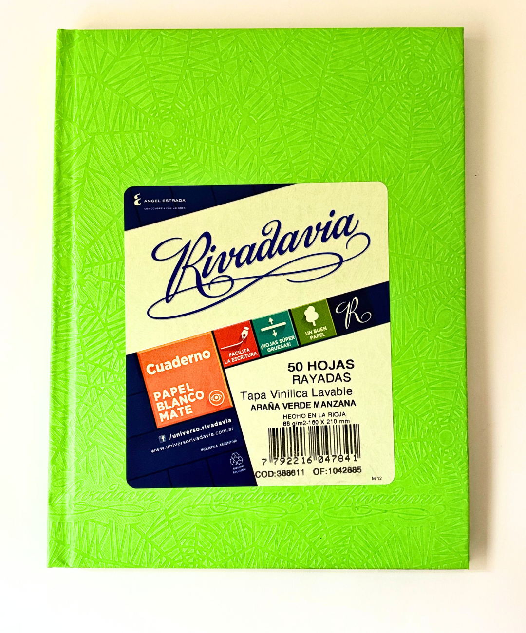 Cuaderno Rivadavia tapa dura verde manzana arana 50 hojas rayadas